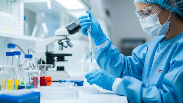 Scientist conducting laboratory research with microscopes and test tubes in a modern lab setting