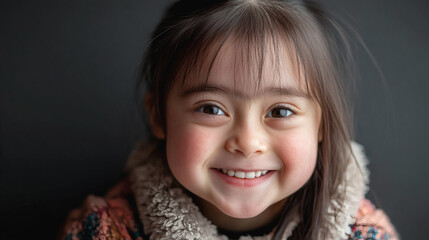 Asian girl with down syndrome smiling on camera with black background - Portrait of happy female child - Model by AI generative
