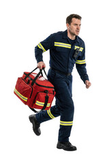 Male paramedic running with medical bag. Emergency response