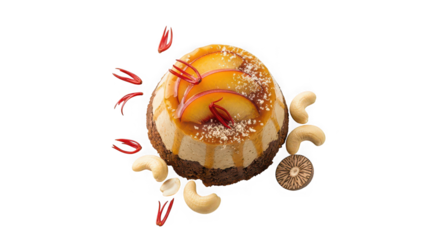 Gourmet dessert with fruit and nuts on dark background