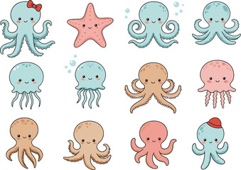 Adorable Hand Drawn Style Cartoon Sea Animals Vector Set Featuring Smiling Octopuses, Jellyfish, and Starfish Ideal for Baby Shower Invites and Kids Apparel Design