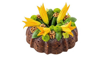 Artistic culinary creation with zucchini blossoms and walnuts
