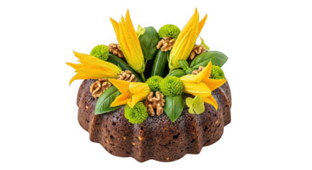 Artistic culinary creation with zucchini blossoms and walnuts