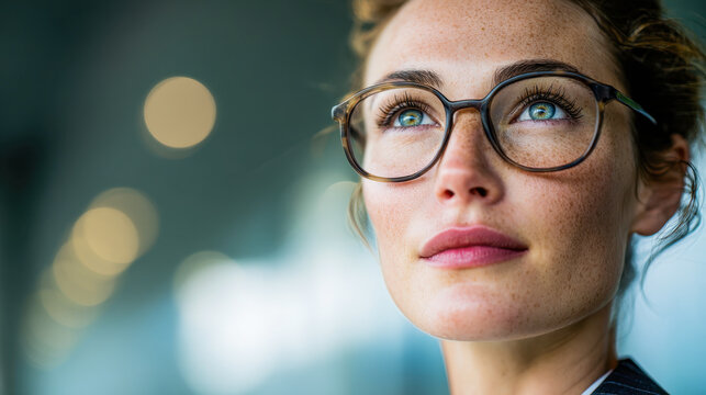 Portrait of a thoughtful young woman wearing stylish eyeglasses looking upward with a hopeful expression and soft bokeh lights in the background