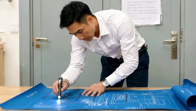 Engineer reviewing blueprints on a table in an office.
