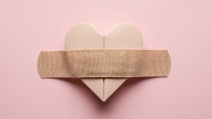 Paper heart with bandage on pink background, Valentine's Day concept