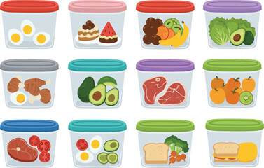 Vector Illustration Set of Twelve Meal Prep Food Containers Filled with Healthy Ingredients Such as Eggs Meat Fruits Avocado and Vegetables for Diet and Nutrition