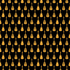 Acoustic guitar silhouette seamless pattern isolated on black background