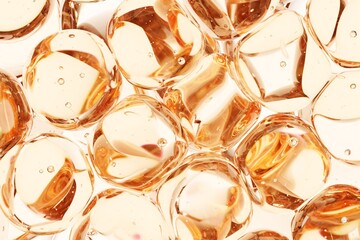 Luminous amber glass pebbles with internal air bubbles captured in macro detail, suitable for natural wellness branding, luxury skincare visuals, and warm abstract compositions