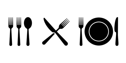 Black and white image of a place setting with silverware and a plate icon set