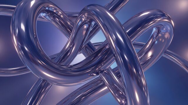 Abstract metallic heart shape formed by intertwined chrome tubes with a soft blue background