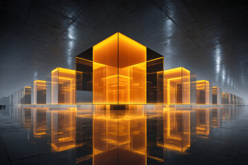 Futuristic illuminated transparent cube structures with glowing orange lights reflecting on a glossy black floor inside a dark expansive architectural space