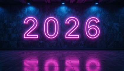 Neon 2026 digits glowing in bright pink and blue on a dark textured wall