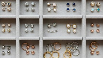 Elegant assorted studs and hoops in jewelry display box
