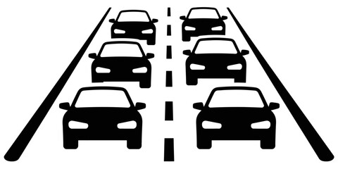 Black and white illustration of six cars on a road with lane markings in the center