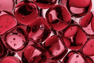 Ruby red translucent liquid gems in macro view with internal bubbles and glossy reflections, perfect for luxury cosmetics, premium branding visuals, and elegant abstract marketing backgrounds