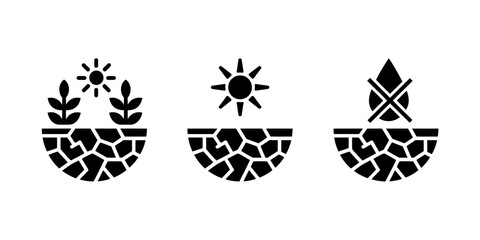 Three icons showing drought conditions with plants sun and no water represented