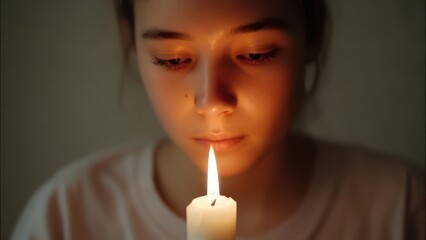 Woman gazing at lit candle in dim room
