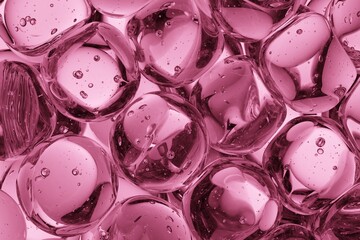 Translucent pink glass orbs with internal bubbles and soft reflections, designed for beauty industry visuals, feminine branding concepts, and refined abstract backgrounds