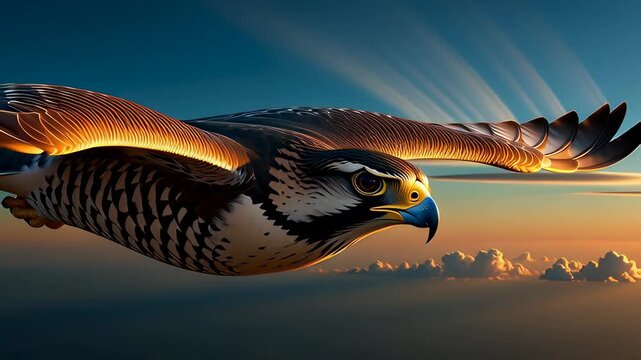Majestic peregrine falcon soaring through golden sunset clouds with dramatic rim lighting, symbolizing freedom in a cinematic wildlife animation.