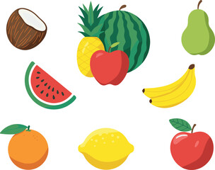 Fresh Tropical and Seasonal Fruits Vector Illustration Collection, Including Coconut, Watermelon, Pineapple, Banana, Apple, Lemon, Orange, and Pear, Set on a Clean White Background