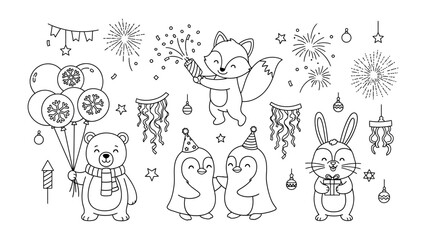 Festive Animal Celebration: Delightful line art showcasing a celebratory gathering of charming animals, complete with balloons, fireworks, and party hats. A perfect image for festivities, events.