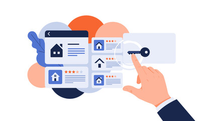 Fototapeta premium Person's hand interacting with a futuristic digital screen to access a secure real estate listing with various house options and ratings.