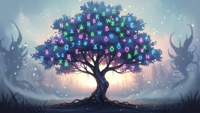 Enchanted tree of knowledge illuminated by mystical symbols and glowing lights in a dreamlike forest