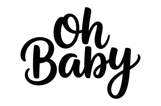 Black oh baby text in a decorative font on a white background for baby shower decor