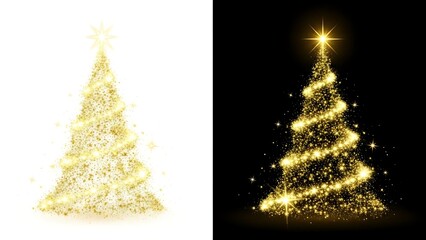 Obraz premium Glowing golden Christmas tree with scattered stars, displayed in a split-screen light and dark layout