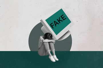 Trend picture collage of person cry hold monitor computer with fake phrase on grey background