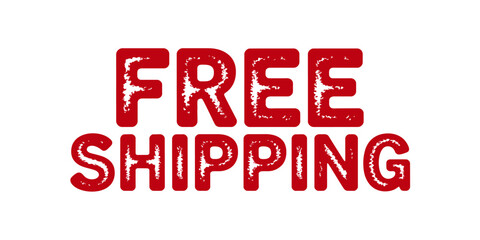 Red free shipping text with a distressed texture on a white background offer