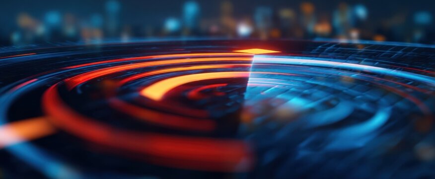 The Circular Digital Interface Splitting Warm Red and Cool Blue Neon Lights