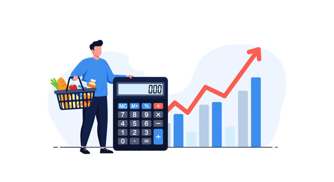 Shopper holding a grocery basket and a calculator next to a bar chart with a rising arrow, representing the calculation of inflation.