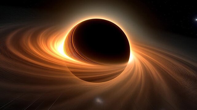 Glowing orange accretion disk rotating around a supermassive black hole with spacetime grid lines, visualizing gravitational lensing in a cinematic 3D animation for astronomy concepts.