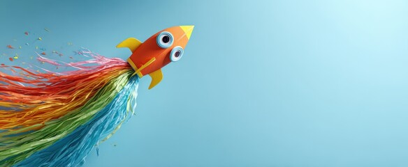 The Rocket Paper Craft with Rainbow Streamers Soaring Upward Against a Blue Sky