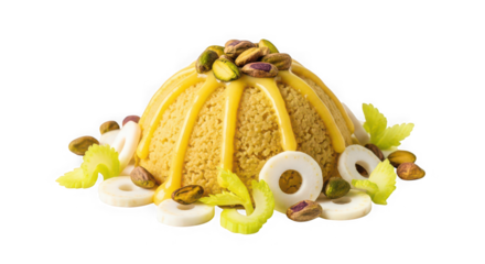 Golden savory terrine crowned with pistachios and garnished with rings