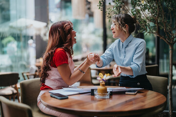 Two women sit at a wooden table in a bright cafe, sharing a smile and a handshake while discussing notes and ideas. A warm, collaborative moment in a modern workspace.