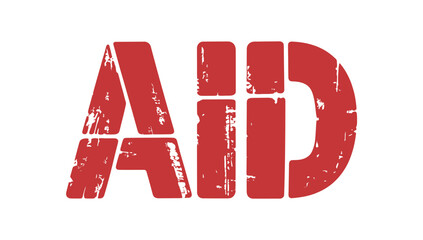 Red aid text with grunge effect displayed against a white background surface