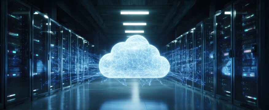 The Cloud Hologram Floating Between Server Racks in Futuristic Data Center