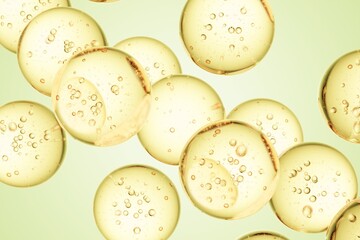 Golden spheres with suspended air bubbles on a green background, crafted for luxury wellness branding, natural product ads, and premium abstract compositions