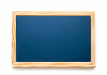 Blank blue chalkboard with wooden frame on white background 