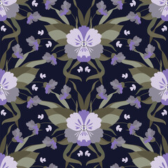 Symmetrical seamless pattern with large flowers. Botanical ornament for fabrics, textiles, packaging and wallpaper. Vector illustration.