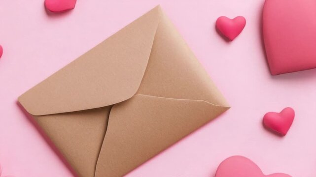 Video Brown envelope with pink hearts on a pink background, ideal for Valentine's Day or romantic gift
