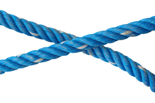 Blue Rope Forming Cross Shape with Detailed Fiber Texture on Transparent Background