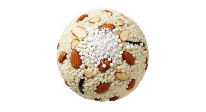 Artistic egg shape confectionery adorned with nuts and grains