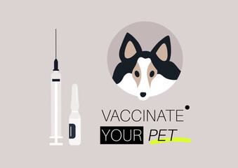 A friendly reminder encourages pet owners to vaccinate their animals, featuring a syringe and vaccine vial next to a cute illustration of a dog, promoting proactive pet care.