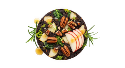 Nutritious salad with sliced apples and pecans on a dark background