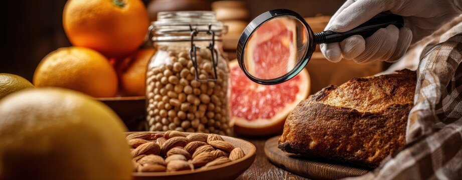 The loaf of artisanal bread under inspection with fresh ingredients on rustic table
