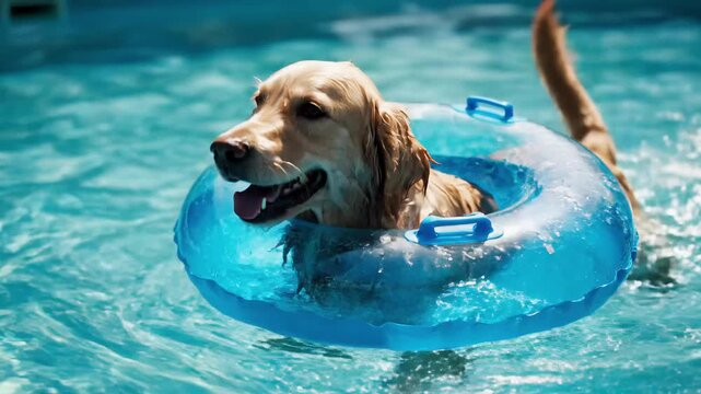 Golden retriever dog swimming in pool with blue floatation ring. Joyful golden Labrador dog swimming in a pool, enjoying a blue flotation ring.   